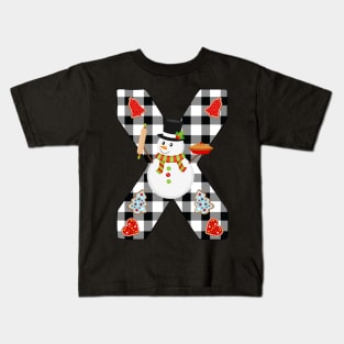 BW Buffalo Checks Pattern Monogram X | Snowman Kids T-Shirt